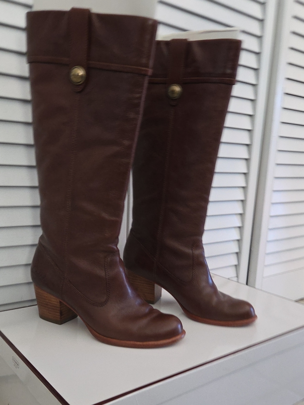 Coach Women's Tall Brown Leather Block Heel Boots